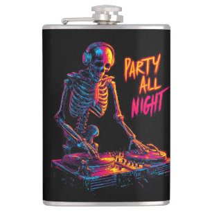 Dynamic Neon-Coloured Skeleton DJ Spinning Records Hip Flask
