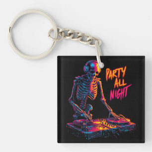 Dynamic Neon-Coloured Skeleton DJ Spinning Records Keychain