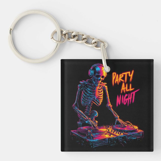 Dynamic Neon-Coloured Skeleton DJ Spinning Records Keychain (Front)