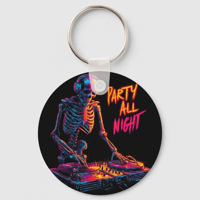 Dynamic Neon-Coloured Skeleton DJ Spinning Records Keychain (Front)