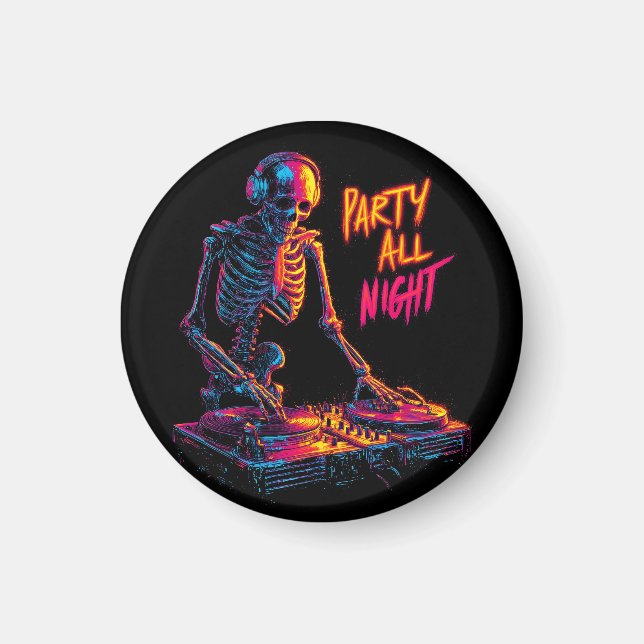 Dynamic Neon-Coloured Skeleton DJ Spinning Records Magnet (Front)