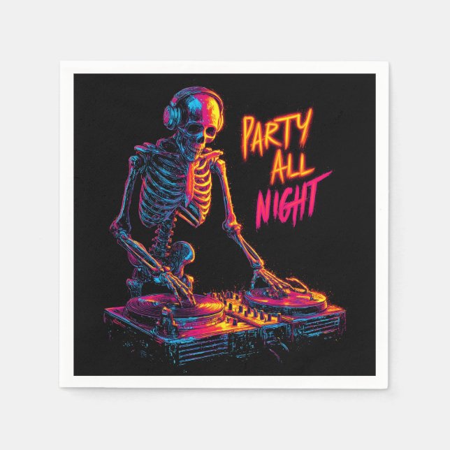 Dynamic Neon-Coloured Skeleton DJ Spinning Records Napkin (Front)