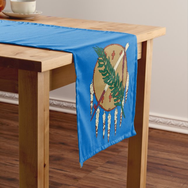 Dynamic Oklahoma State Flag Graphic on a Short Table Runner (In Situ)