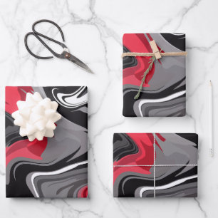 Dynamic Red, Black, white and grey Abstract Waves Wrapping Paper Sheet
