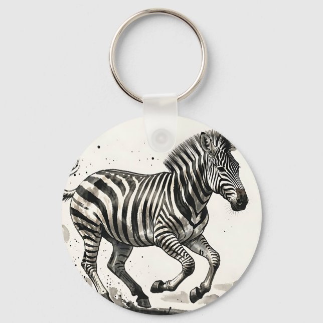 Dynamic Running Zebra Ink Art Keychain (Front)