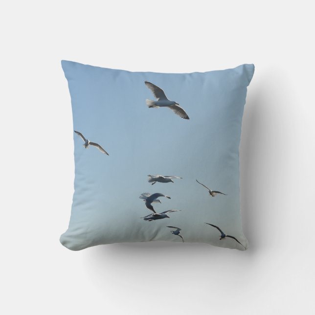 Dynamic Seagulls In Flight Coastal Birds Blue Sky  Throw Pillow (Front)