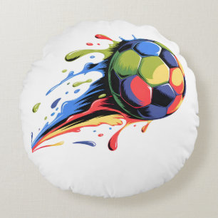 Dynamic Soccer Ball Paint Splatter Colourful Sport Round Pillow