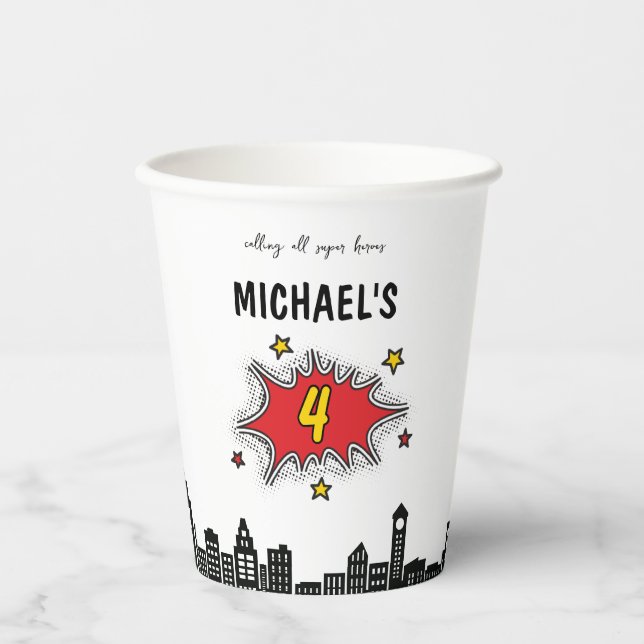 Dynamic Superhero 4th Birthday Paper Cups (Front)