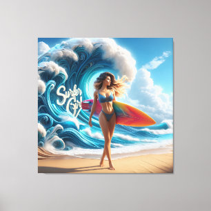 Dynamic Surfer Girl Walking Beach Waves Art Canvas Print