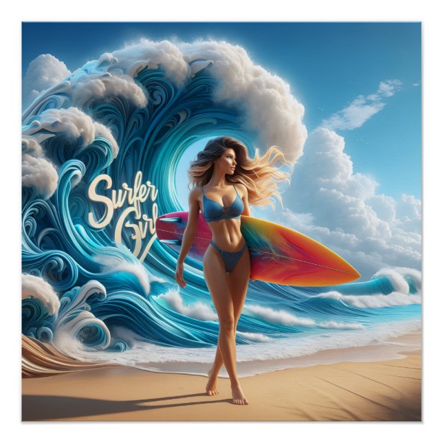 Dynamic Surfer Girl Walking Beach Waves Art Poster (Front)