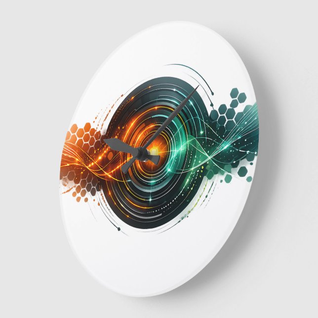 Dynamic Teal Orange Tech Light Waves Large Clock (Angle)