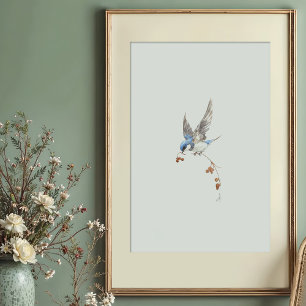 Dynamic Tree Swallow Watercolor Art with Berries Poster