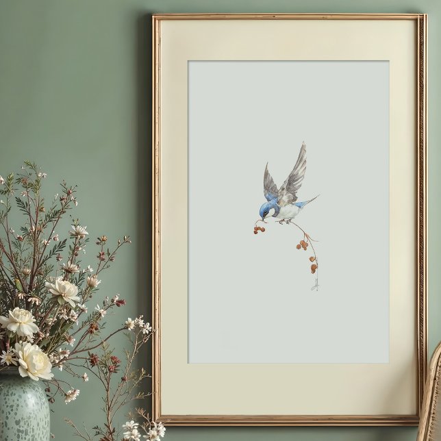 Dynamic Tree Swallow Watercolor Art with Berries Poster (Creator Uploaded)