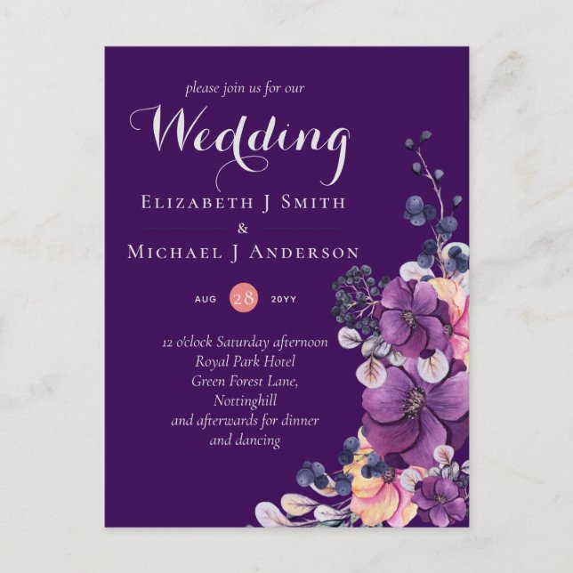 Dynasty Purple Ginger Floral Wedding Invites Postcard (Front)