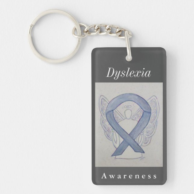 Dyslexia Awareness Silver Ribbon Angel Keychain (Front)