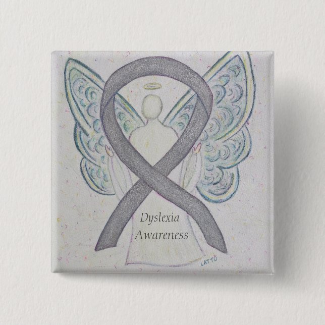 Dyslexia Silver Awareness Ribbon Angel Custom Pin (Front)