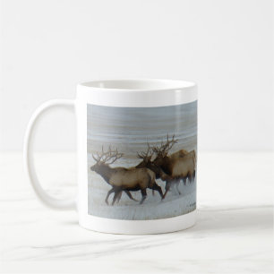 E64 Bull Elk Running in the Snow Coffee Mug
