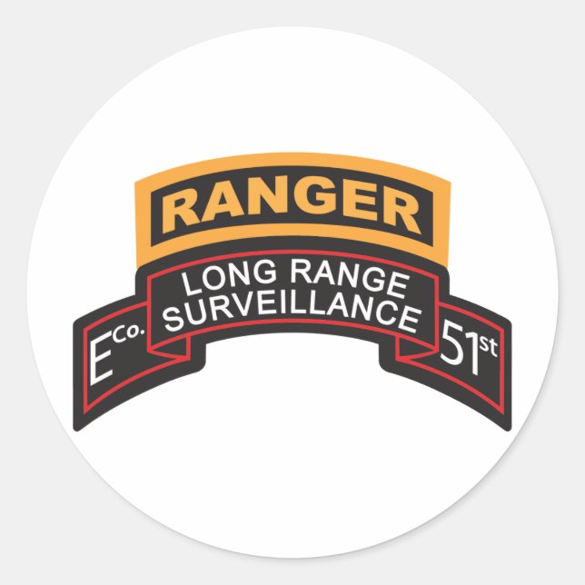 E Co 51st Infantry LRS Scroll, Ranger Tab Classic Round Sticker (Front)