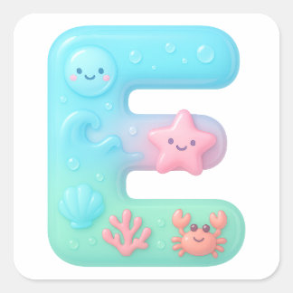 "E" Cute Bubble Letter - Underwater Sea Creature A Square Sticker