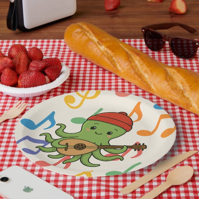 e: Cute Green Octopus Playing Oud with Red Hat Paper Plate (Picnic)