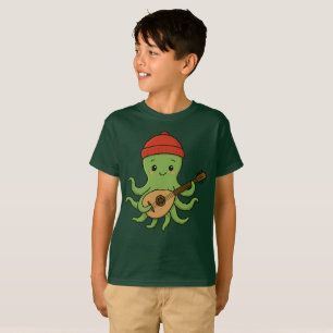 e: Cute Green Octopus Playing Oud with Red Hat T-Shirt