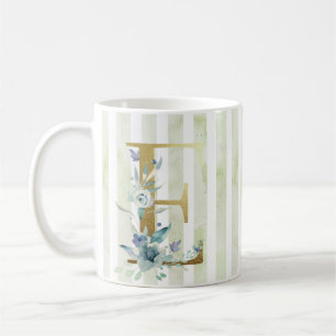 E  golden initial on blue and white stripes coffee mug