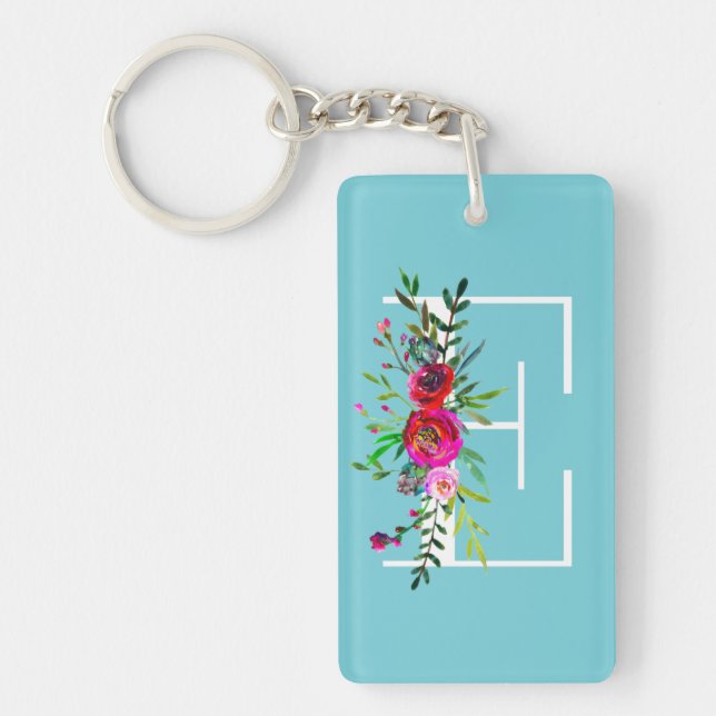 E Letter Initial Monogram Floral Custom Colour Keychain (Front)