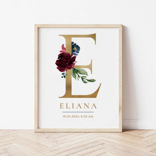 E Letter Monogram Name Marsala Floral Nursery Poster (Creator Uploaded)