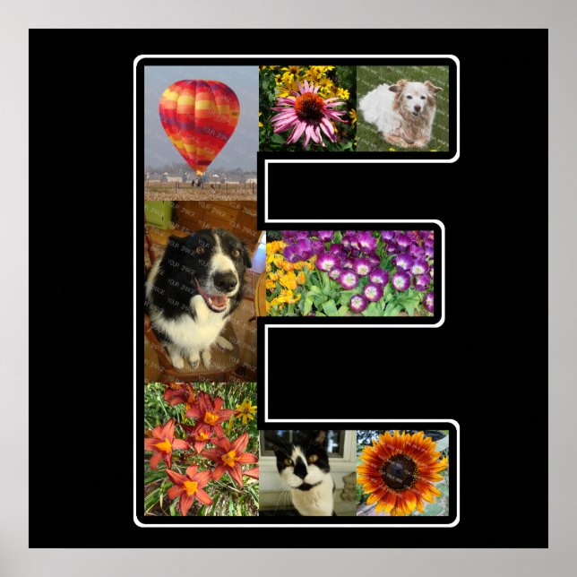 E Monogram Create Your Own 8 Photo Collage Black Poster (Front)