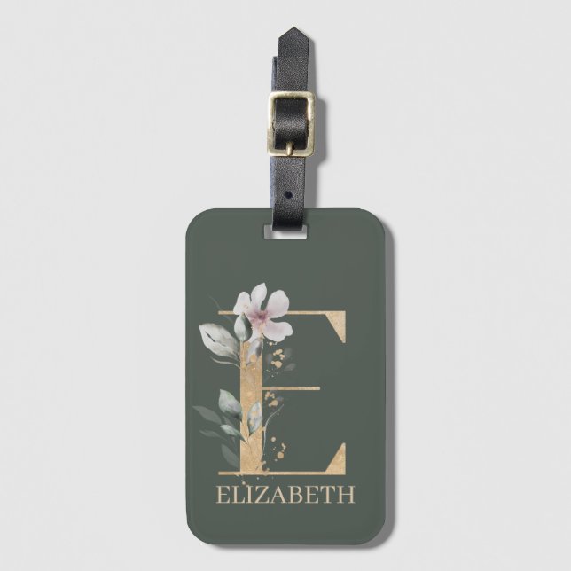 E Monogram Floral Personalized Luggage Tag (Front Vertical)