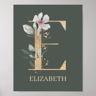 E Monogram Floral Personalized Poster