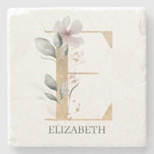 E Monogram Floral Personalized Stone Coaster
