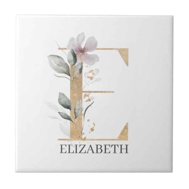 E Monogram Floral Personalized Tile (Front)