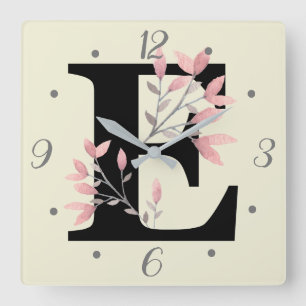 E Monogram with Pink Floral Sprays Square Wall Clock
