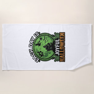 Each Day Joyful Halloween Haunted House Witch Cat  Beach Towel