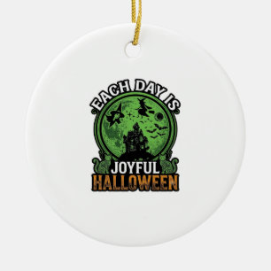 Each Day Joyful Halloween Haunted House Witch Cat  Ceramic Ornament