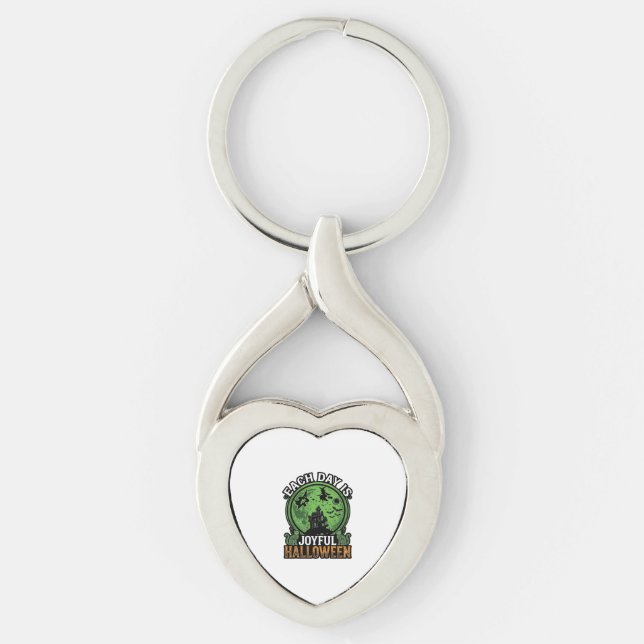 Each Day Joyful Halloween Haunted House Witch Cat  Keychain (Front)