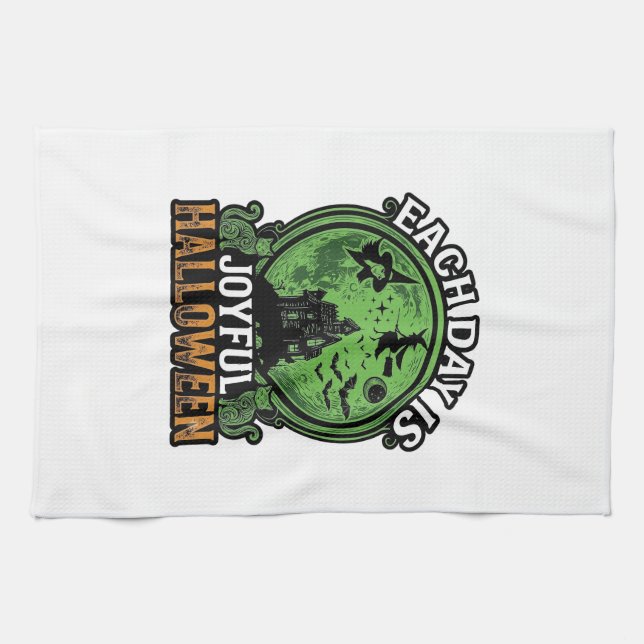 Each Day Joyful Halloween Haunted House Witch Cat  Kitchen Towel (Horizontal)