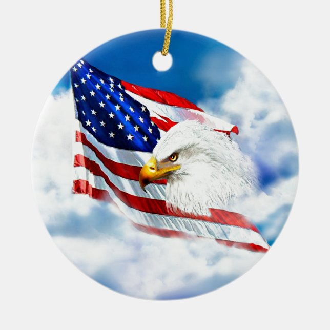 Eagle and American Flag Ceramic Ornament (Front)