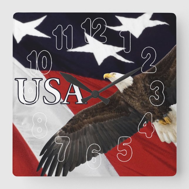Eagle and American Flag Square Wall Clock (Front)
