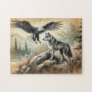 Eagle and Wolf in Wild Landscape Jigsaw Puzzle