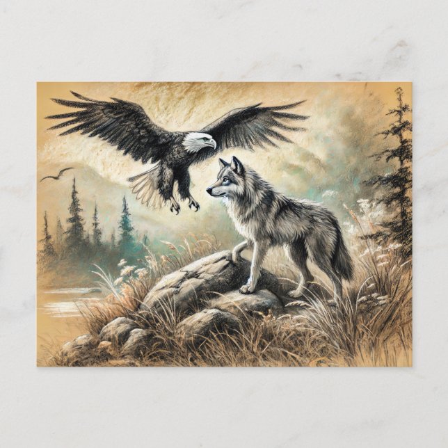 Eagle and Wolf in Wild Landscape Postcard (Front)