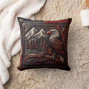 Eagle Carving With Mountain Backdrop Throw Pillow