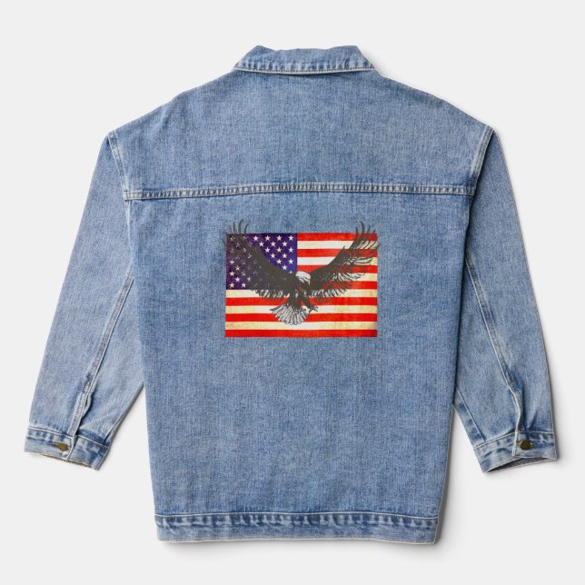 Eagle drawing on US flag Denim Jacket (Back)