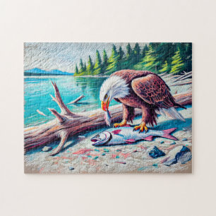 Eagle Eating Fish at Riverbank Pastel Chalk Drawin Jigsaw Puzzle