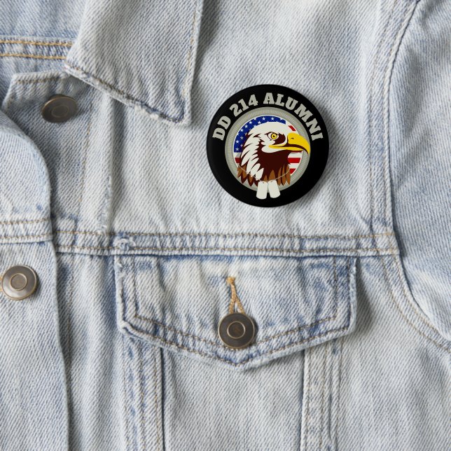 Eagle Emblem USA Flag | DD 214 Alumni Brooch Black 2 Inch Round Button (In Situ)