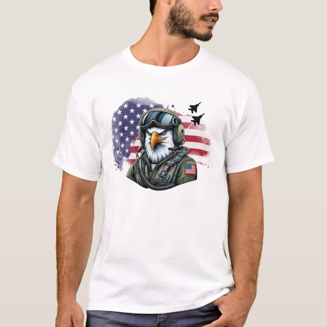 Eagle Fighter Pilot With F-15 Jets and Flag T-Shirt (Front)