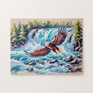 Eagle Flying in Front of Waterfall Pastel Chalk Jigsaw Puzzle