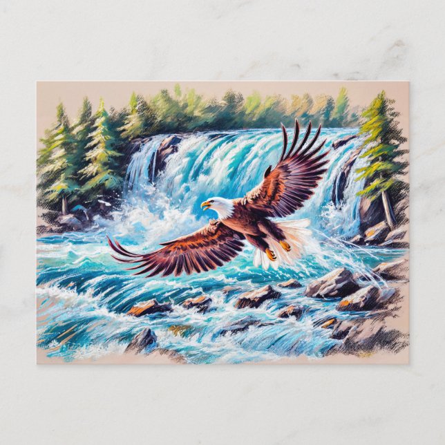 Eagle Flying in Front of Waterfall Pastel Chalk Postcard (Front)