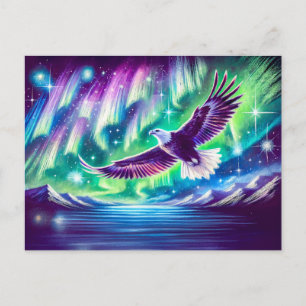 Eagle Flying Over Mountain Lake Northern Lights Postcard